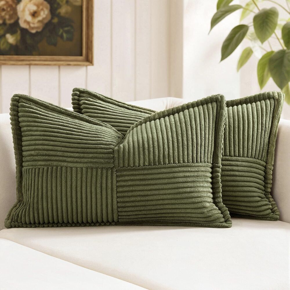 1173 Olive Green Corduroy Lumbar Pillow Covers 12x20 Inch 12x20 Inch